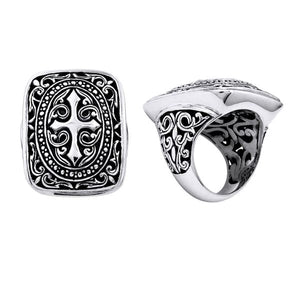Sterling silver Ornate cross signet ring with scrollwork, wholesale Bali handmade men’s jewelry