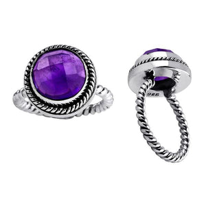 Sterling silver ring with faceted round Amethyst Quartz and rope band design, wholesale Bali handmade jewelry