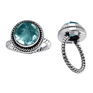 Sterling silver ring with faceted round Blue Topaz Quartz and rope band design, wholesale Bali handmade jewelry