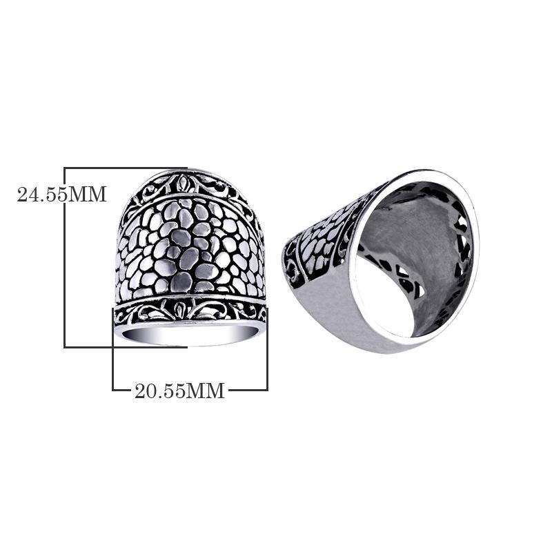 Sterling Silver Dome ring with hammered texture and scroll design, wholesale Bali handmade jewelry