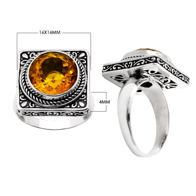 Sterling silver wholesale ring with a round citrine quartz set in a square ornate frame, handcrafted in Bali.