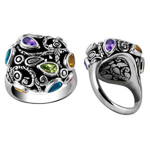 Sterling Silver handcrafted multi-quartz ring with Peridot, Citrine, Blue Topaz, and Amethyst wholesale from Bali, Indonesia