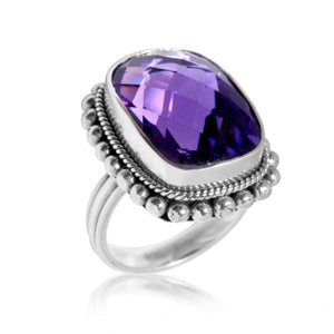 holesale sterling silver Amethyst Quartz ring with faceted cushion-cut Quartz, rope bezel, and silver beaded – handcrafted Balinese artisan jewelry.