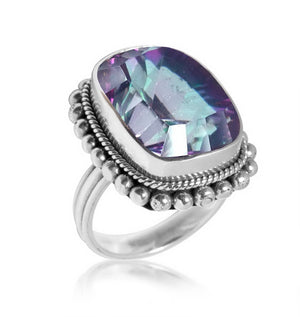 Wholesale sterling silver ring with faceted Mystic Topaz, Balinese bead and rope design – bulk handcrafted statement jewelry.