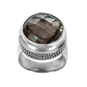 Wholesale sterling silver ring with faceted smoky quartz and braided bezel detailing – handcrafted artisan jewelry from Bali.