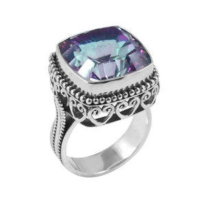 Wholesale sterling silver ring with faceted square Mystic Topaz Quartz, Balinese beaded border and scrollwork design – bulk handcrafted statement jewelry.