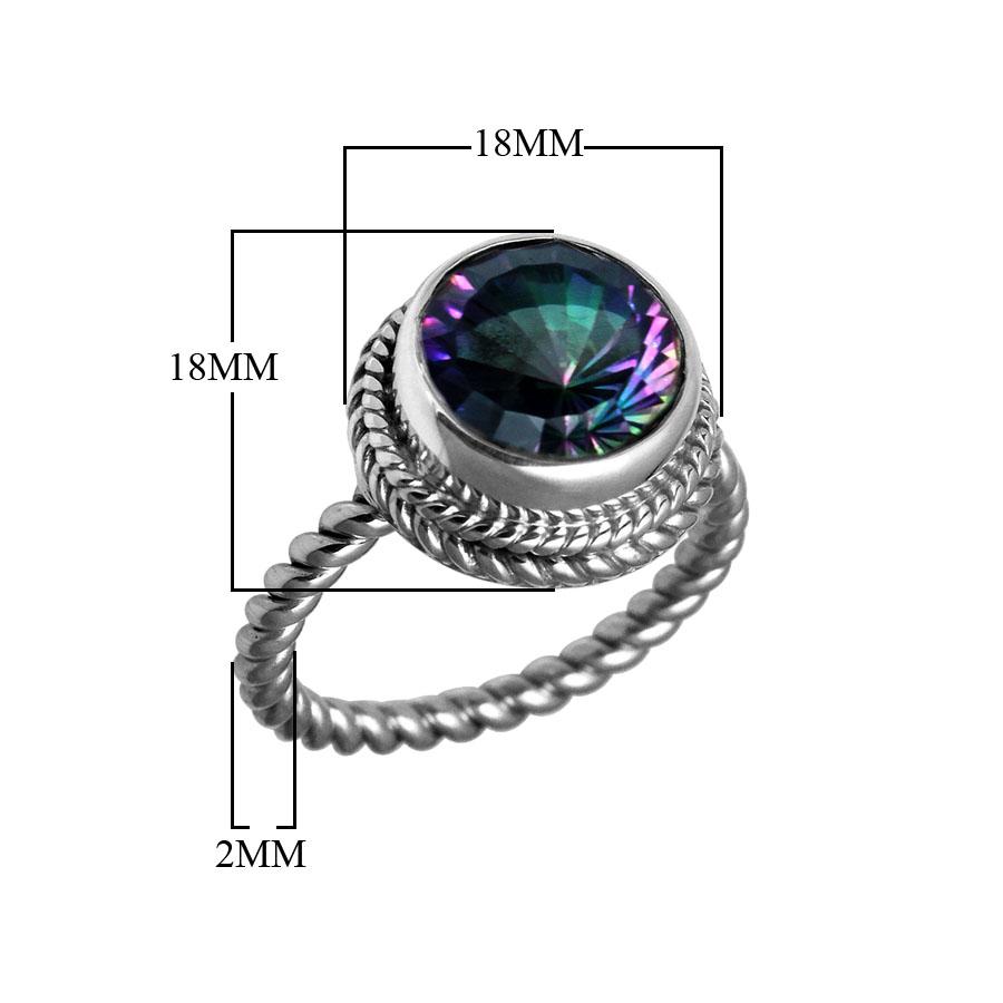 Sterling silver ring with a round Mystic Topaz Quartz and rope-style band design.