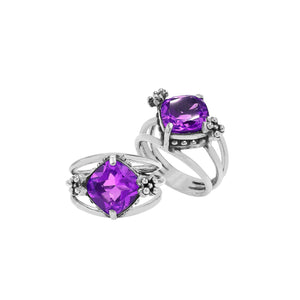 Wholesale 925 sterling silver ring with cushion-cut Amethyst Quartz and floral accents, handcrafted in Bali.