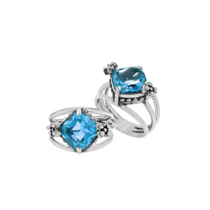 Wholesale 925 sterling silver ring with cushion-cut Blue Quartz and floral accents, handcrafted in Bali.