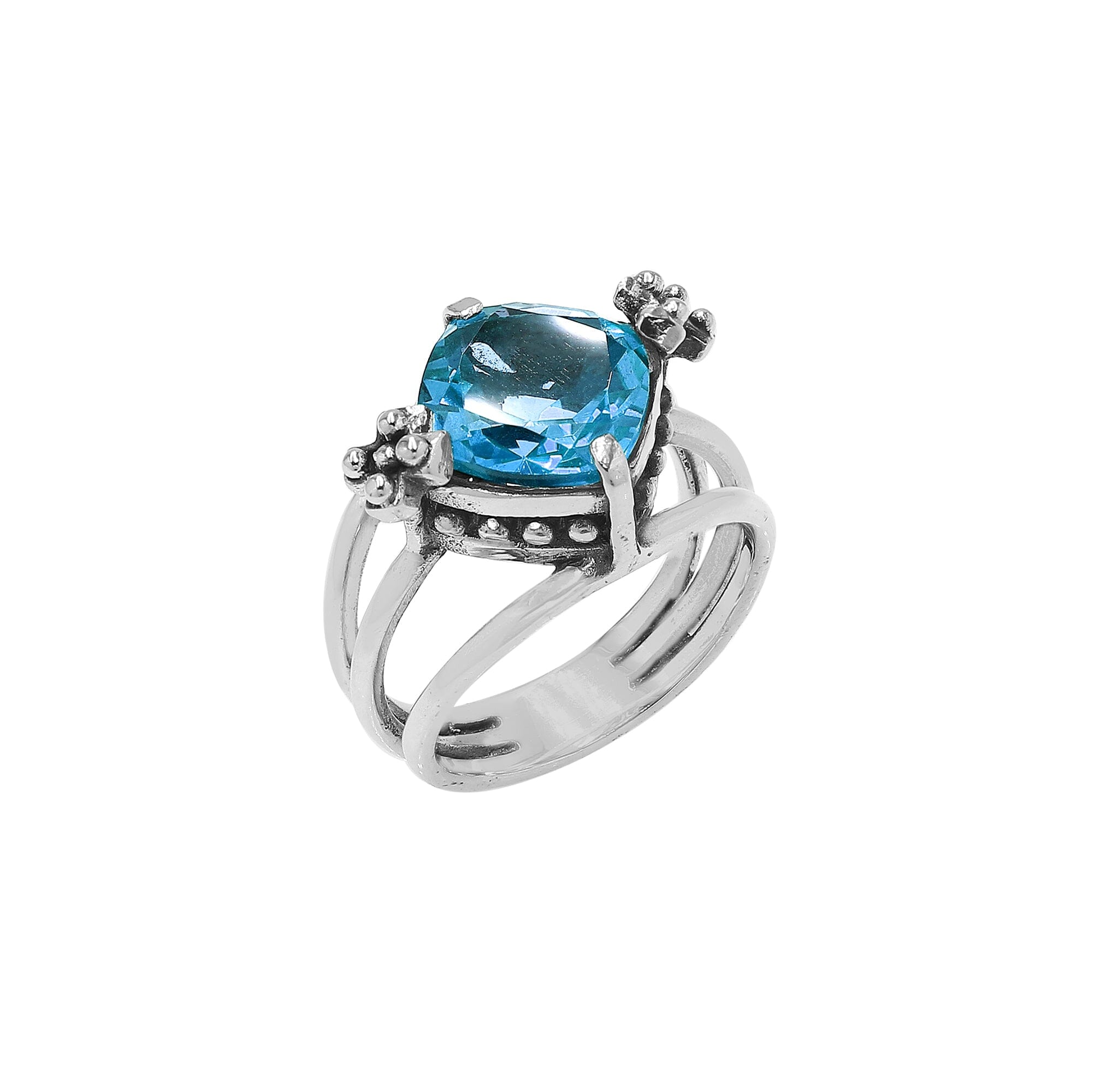 Wholesale 925 sterling silver ring with cushion-cut Blue Quartz and floral accents, handcrafted in Bali.