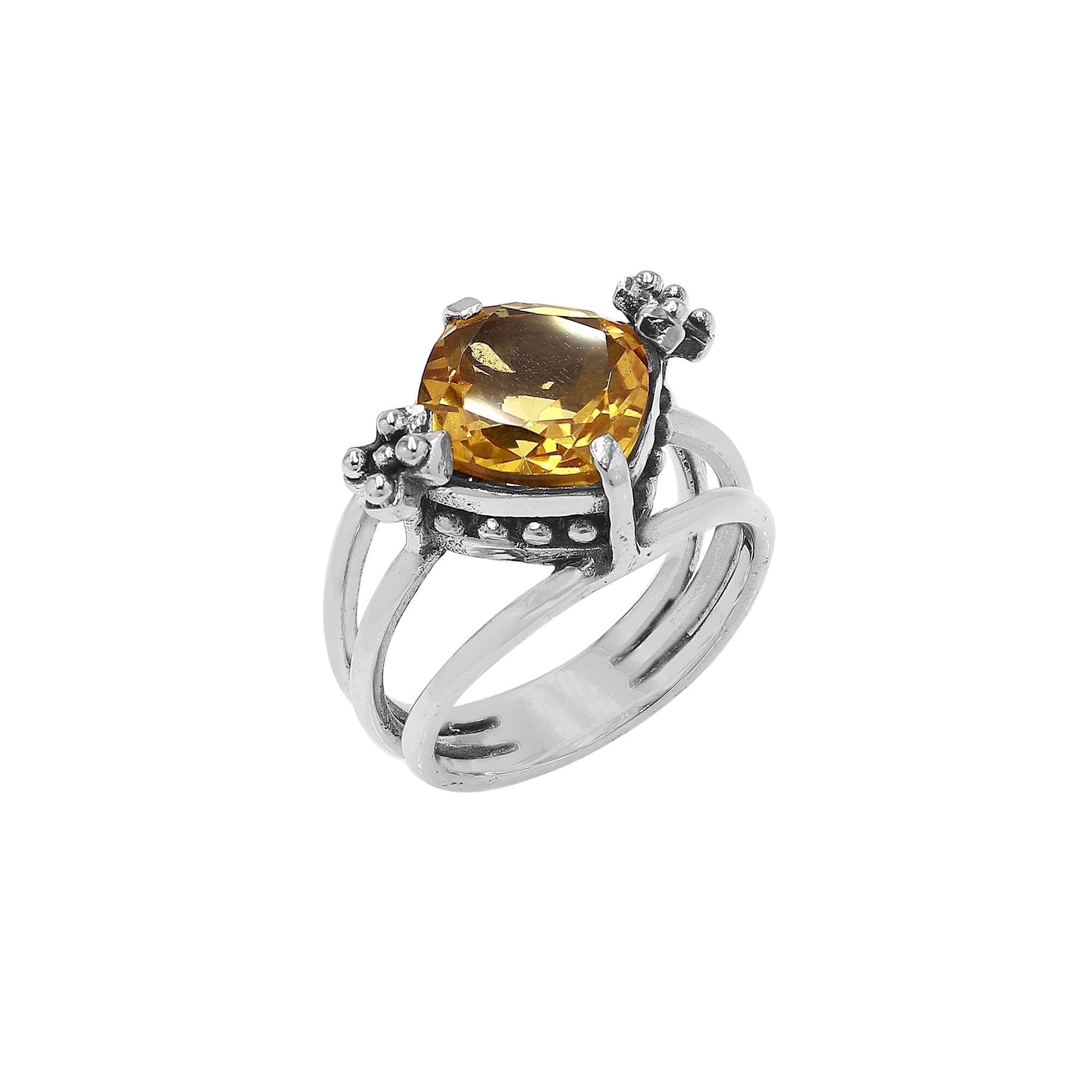 Wholesale 925 sterling silver ring with cushion-cut Citrine Quartz and floral accents, handcrafted in Bali.