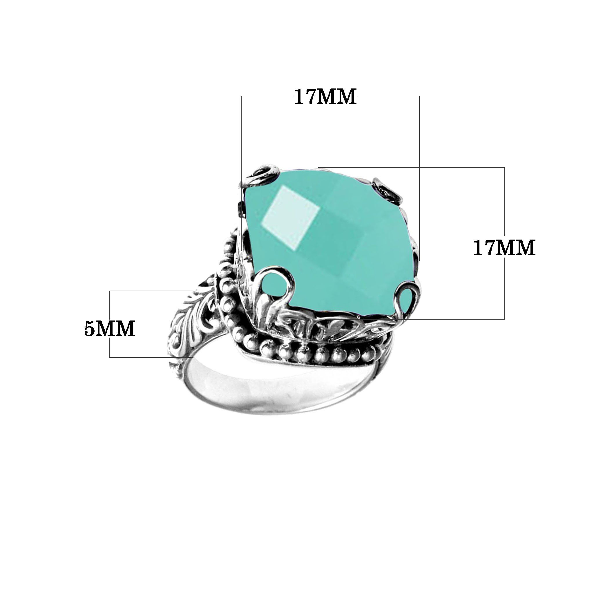 Wholesale sterling silver ring with cushion-cut Green Chalcedony Quartz, filigree band, and bead detailing, handcrafted in Bali.