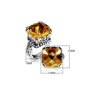 Wholesale sterling silver ring with cushion-cut Citrine Quartz, filigree band, and bead accents, handcrafted in Bali.