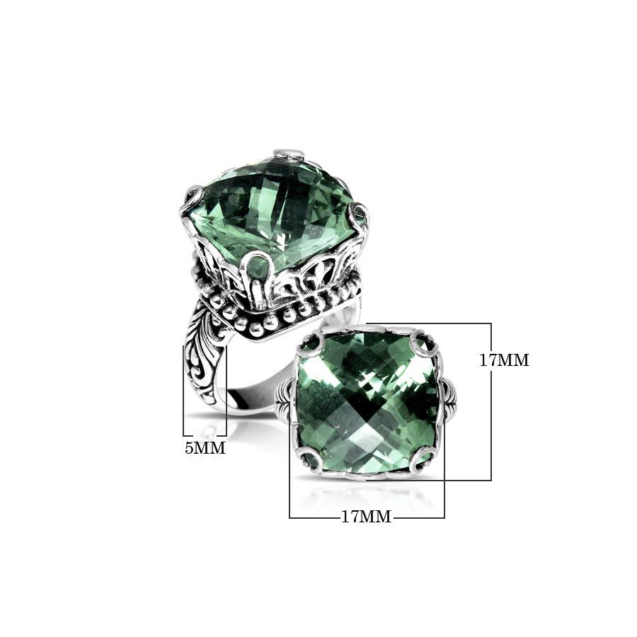 Wholesale sterling silver ring with cushion-cut Green Gmethyst Quartz, filigree band, and bead accents, handcrafted in Bali.