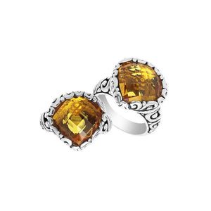 Wholesale sterling silver ring with Citrine Quartz double stones and Balinese scroll design