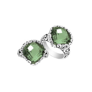 Wholesale sterling silver ring with Green Amethyst Quartz double stones and Balinese scroll design