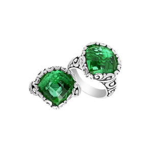 Wholesale sterling silver ring with Green Quartz double stones and Balinese scroll design