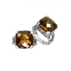 Handcrafted 925 sterling silver ring with cushion-cut Citrine Quartz, ornate Bali design.