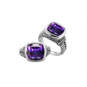 Handcrafted Amethyst Quartz and Cubic Zirconia sterling silver cushion-cut ring from Bali