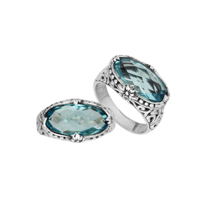 Handcrafted Blue Topaz Quartz oval sterling silver ring with floral detailing from Bali Designs Inc