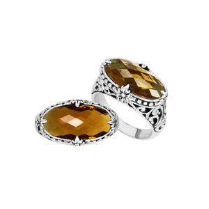 Handcrafted Citrine Quartz oval sterling silver ring with floral detailing from Bali