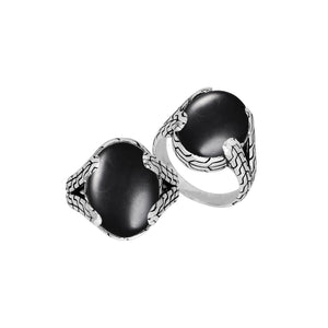 Wholesale Sterling Silver oval Black Onyx cabochon ring with Balinese engraved band design