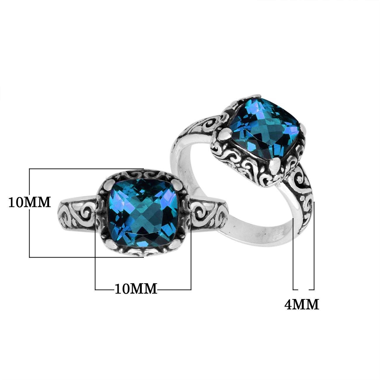 Wholesale Sterling Silver cushion-cut London Blue Topaz Quartz faceted women’s ring with Balinese scroll engraving