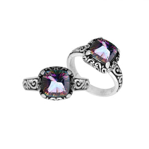 Wholesale Sterling Silver cushion-cut Mystic Quartz faceted women’s ring with Balinese scroll engraving