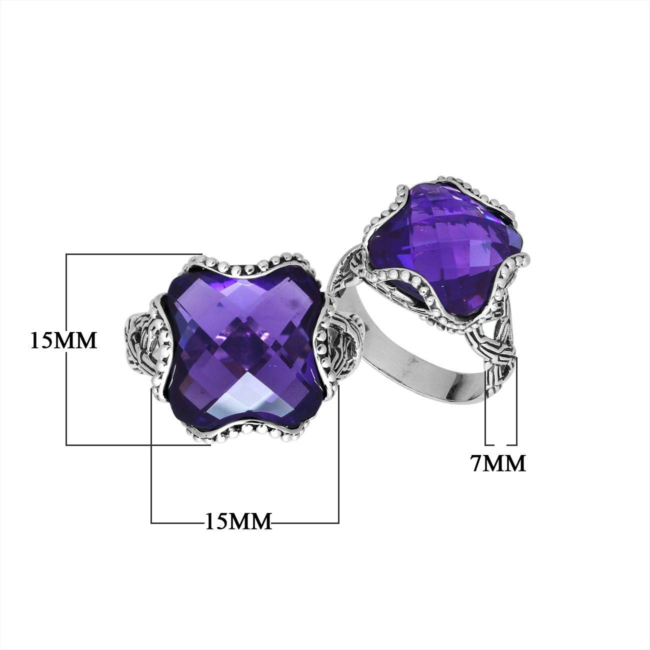 Wholesale Sterling Silver fancy cross-shaped Amethyst Quartz faceted women’s ring with bead edge and floral detailing