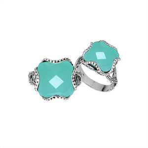 Wholesale Sterling Silver Green Chalcedony Quartz fancy cross-cut faceted women’s ring with bead edge and floral detailing
