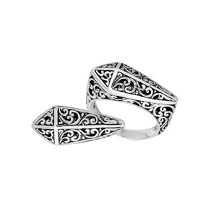 Sterling Silver geometric shield ring with oxidized Balinese filigree pattern