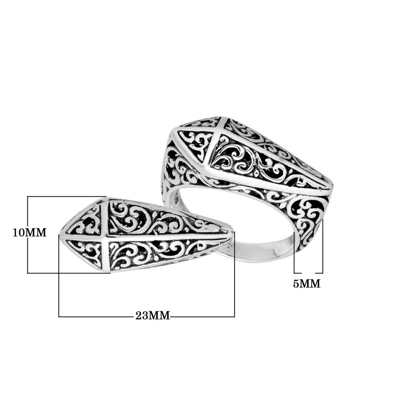 Sterling Silver geometric shield ring with oxidized Balinese filigree pattern