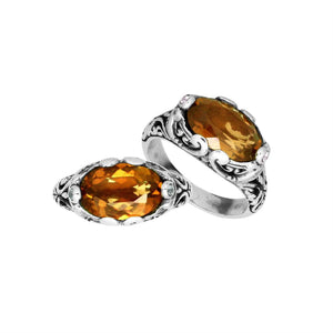 Sterling Silver val Shape Ring With Citrine Quartz ring with ornate Balinese scroll detailing
