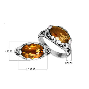 Sterling Silver val Shape Ring With Citrine Quartz ring with ornate Balinese scroll detailing