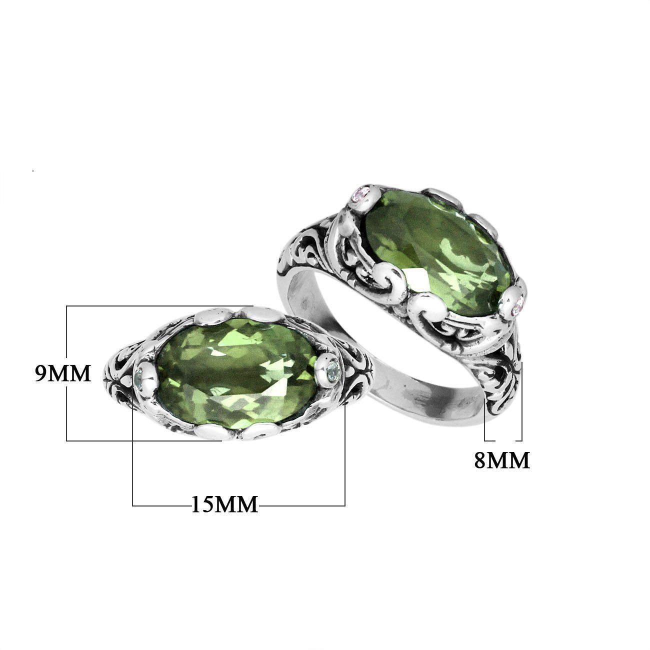 Sterling Silver Green Amethyst Quartz ring with Balinese scroll detailing