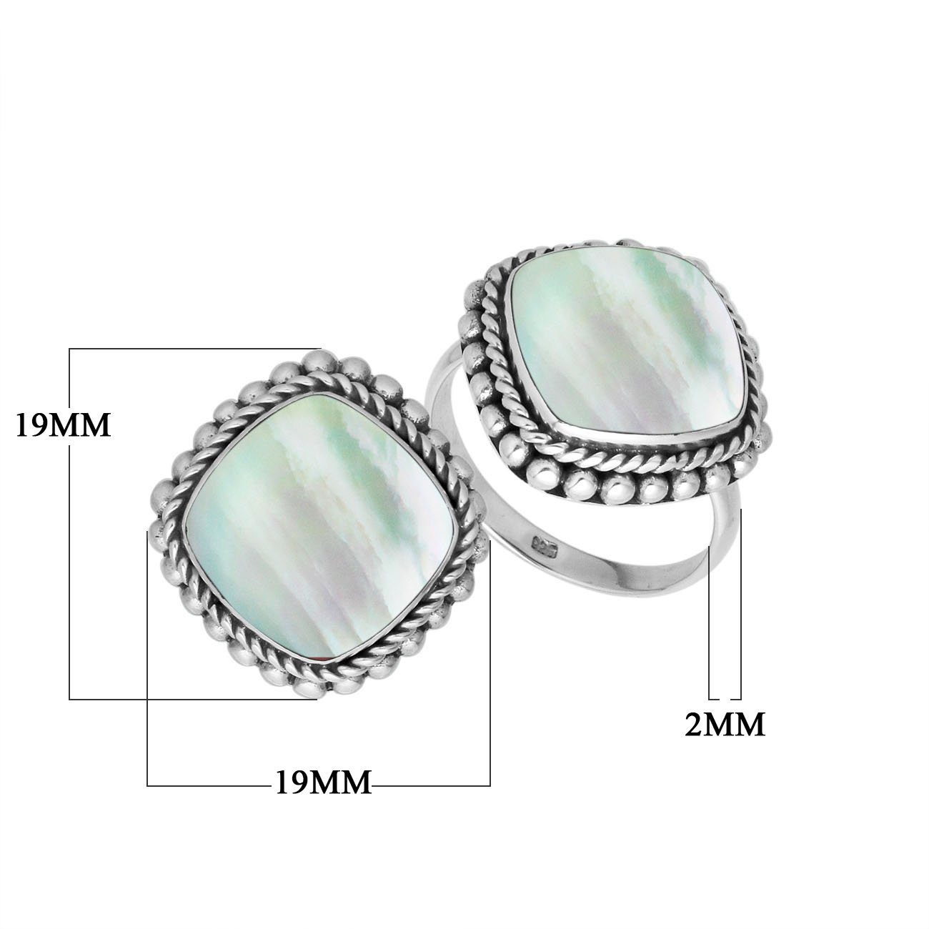 Sterling Silver ring with Mother of Pearl and handcrafted Balinese rope beaded design