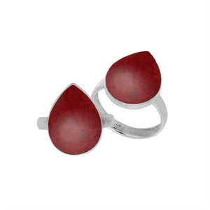 Sterling Silver pear shape ring with Red Coral and handcrafted Balinese polished detailing