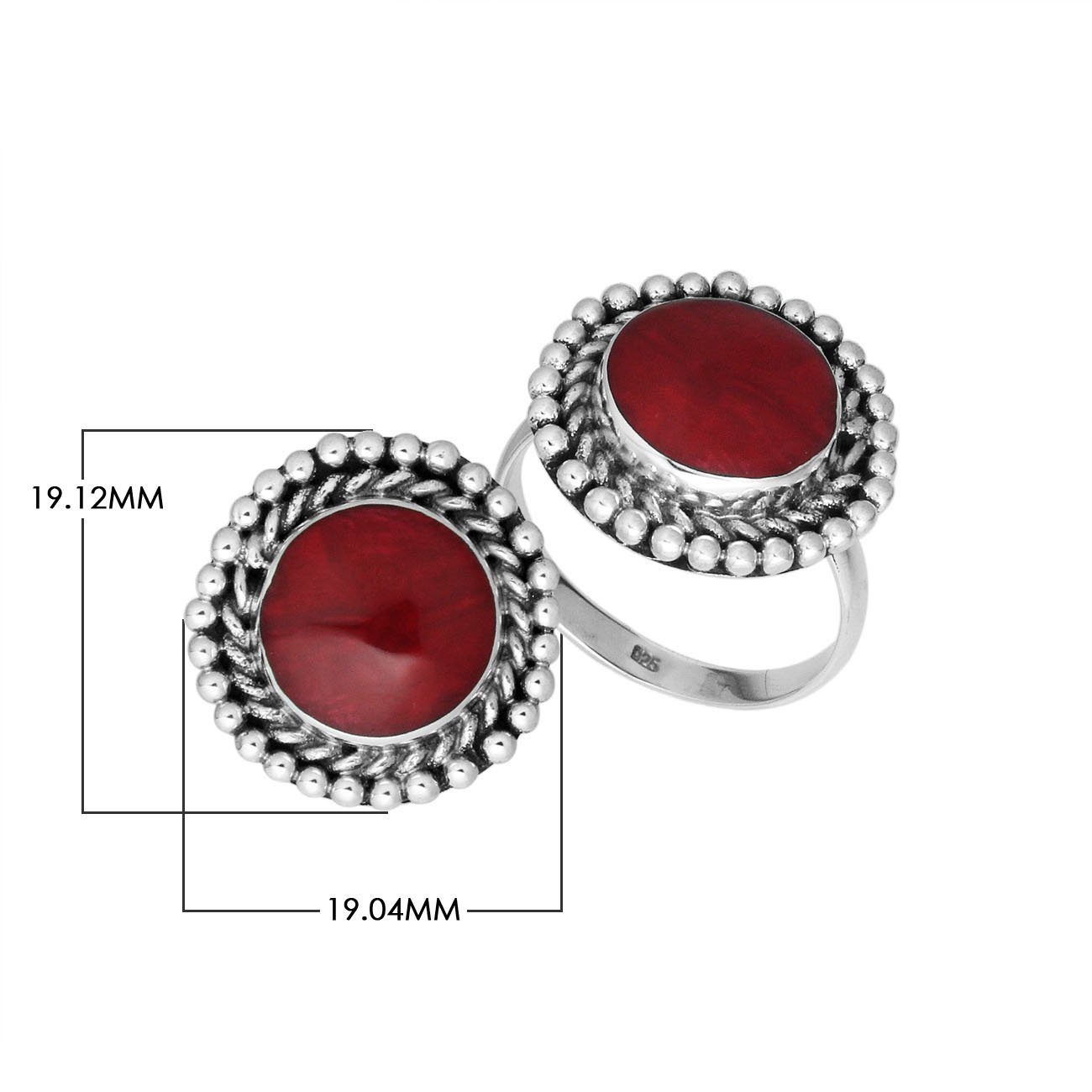 Sterling Silver round shape ring with Red Coral and handcrafted Balinese beaded design