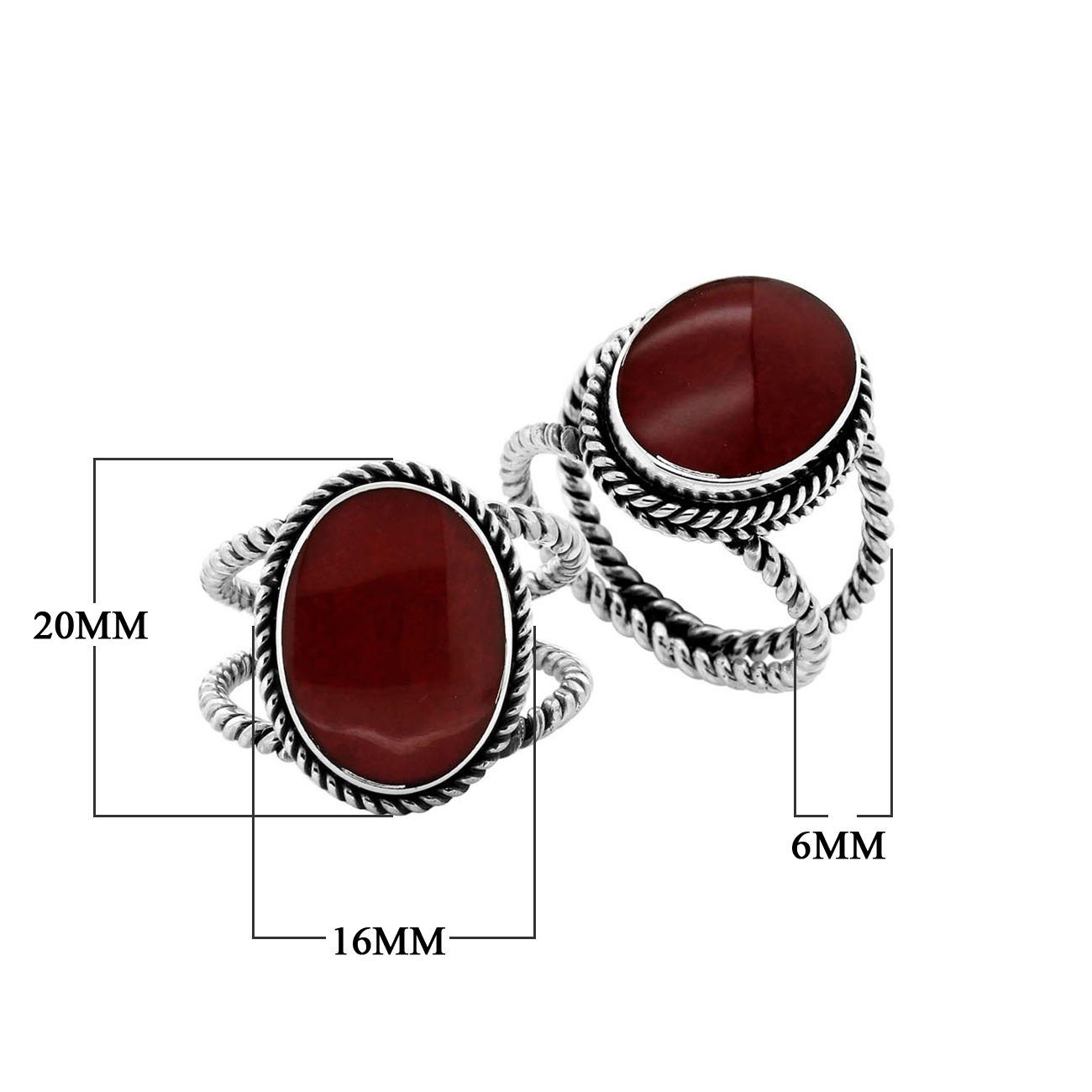 Sterling Silver oval shape ring with Red Coral and twisted Bali rope detailing