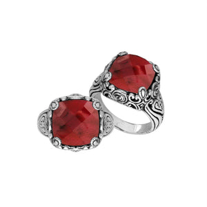 Sterling Silver Cushion Shape Ring with Ruby and Balinese pattern