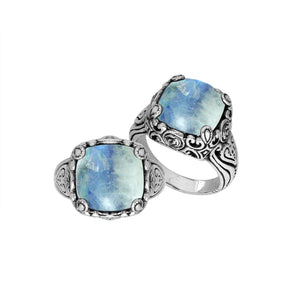 Sterling Silver Cushion Shape Ring with Rainbow Moonstone and Balinese pattern