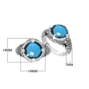 Sterling Silver ornate statement ring with Blue Topaz Quartz and detailed Bali-style craftsmanship.