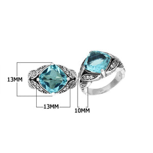 Sterling Silver Ornate Ring With Blue Topaz Quartz And Cubic Zirconia In Balinese Carving Design