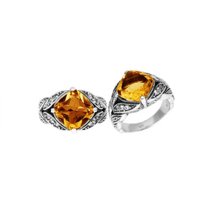 Sterling Silver Ornate Ring With Citrine Quartz And Cubic Zirconia In Balinese Carving Design