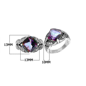 Sterling Silver Ornate Ring With Mystic Quartz And Cubic Zirconia In Balinese Carving Design