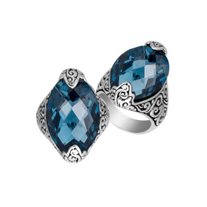 Sterling Silver Marquise Shape Statement Ring With London Blue Topaz Quartz In Balinese Design