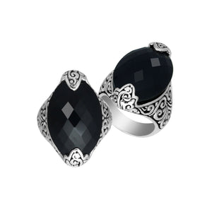Sterling Silver Marquise Shape Statement Ring With Black Onyx In Balinese Design