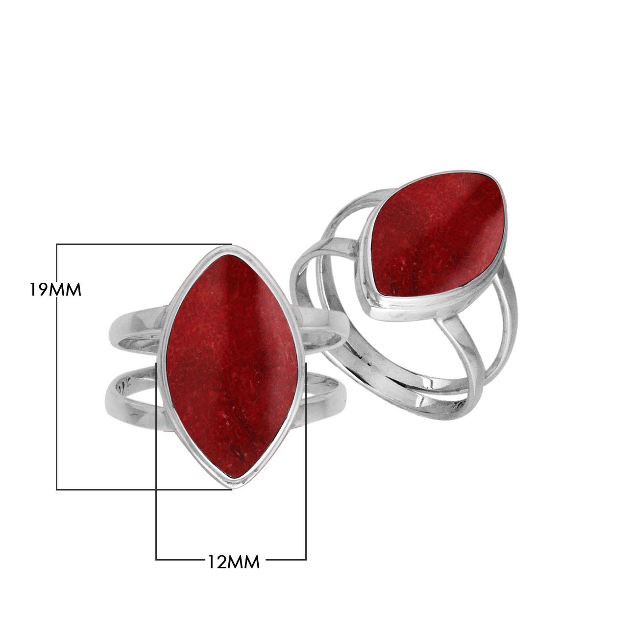 Sterling Silver Marquise Shape Statement Ring With Red Coral In Modern Balinese Design