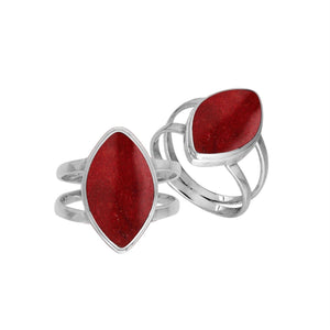 Sterling Silver Marquise Shape Statement Ring With Red Coral In Modern Balinese Design