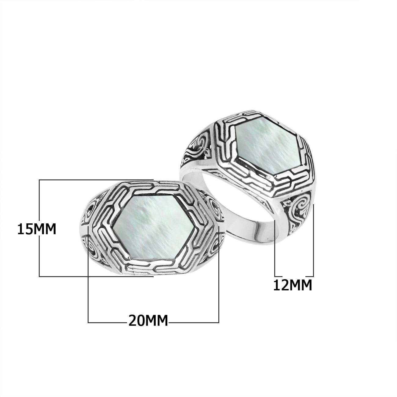 Sterling Silver Hexagon Shape Designer Statement Ring With Mother Of Pearl For Wholesale